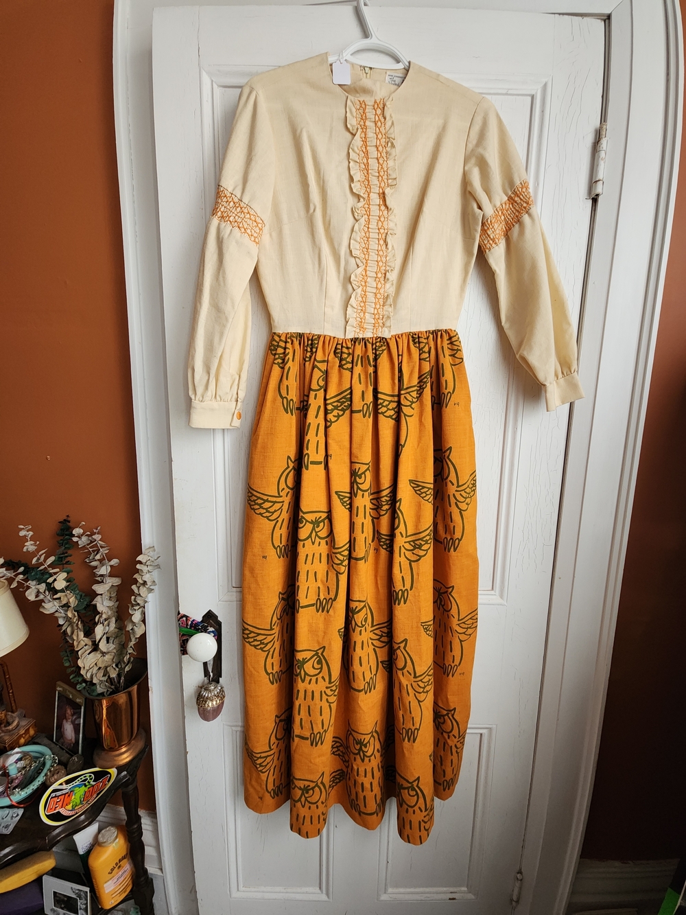 Rare Orange Owl Print Vintage Maxi Dress